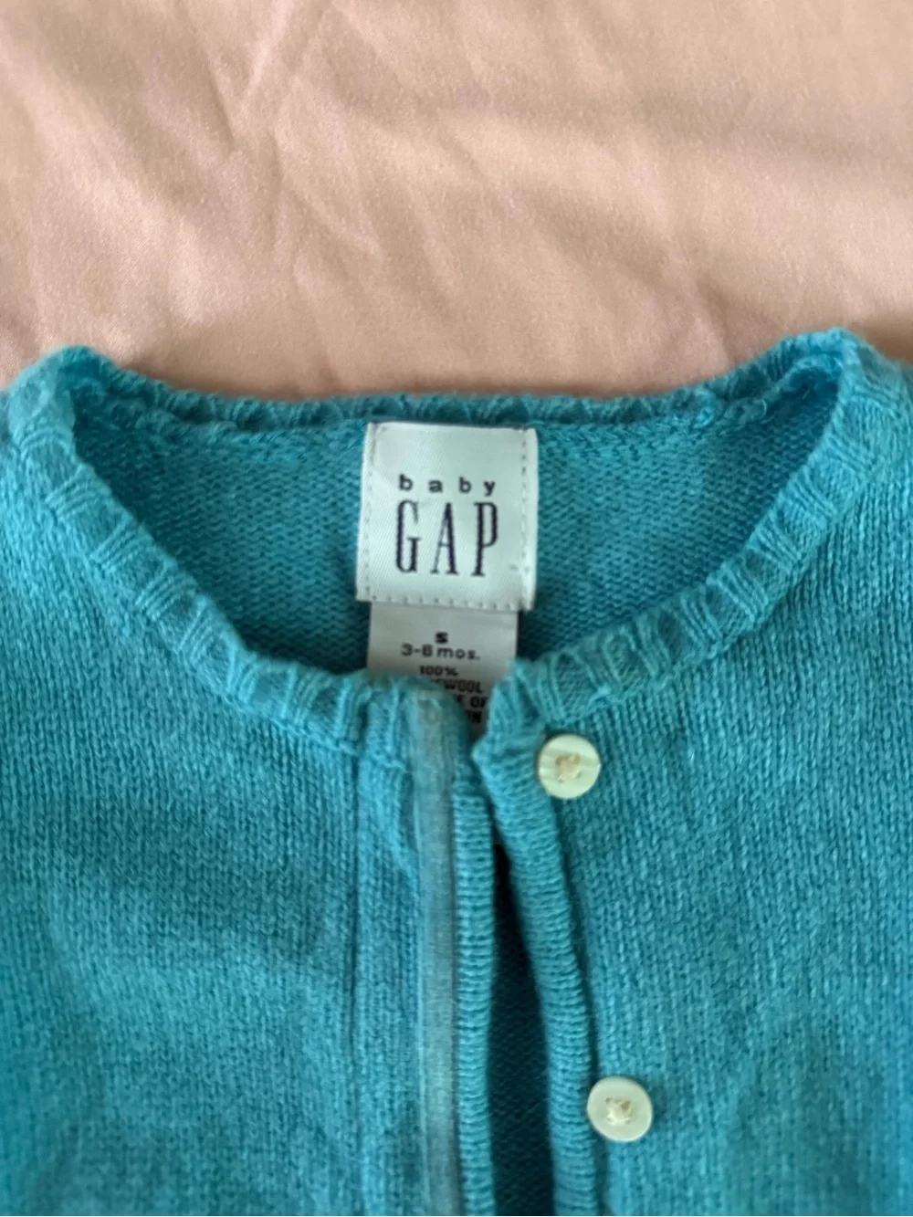 Vintage GAP Turquoise Knit Cardigan with Green Cuff and Light Gray Hem